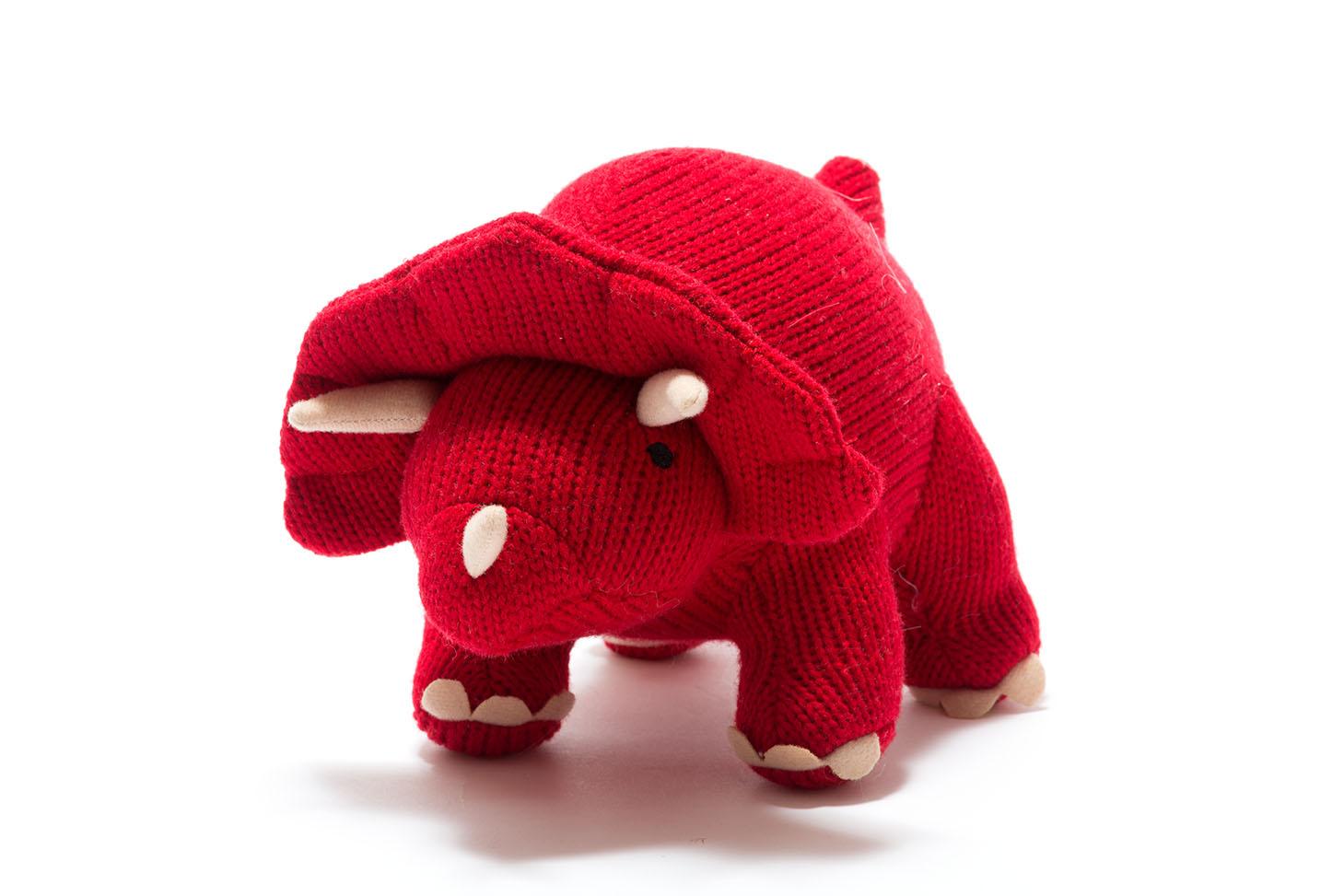 knitted red triceratops dinosaur toy